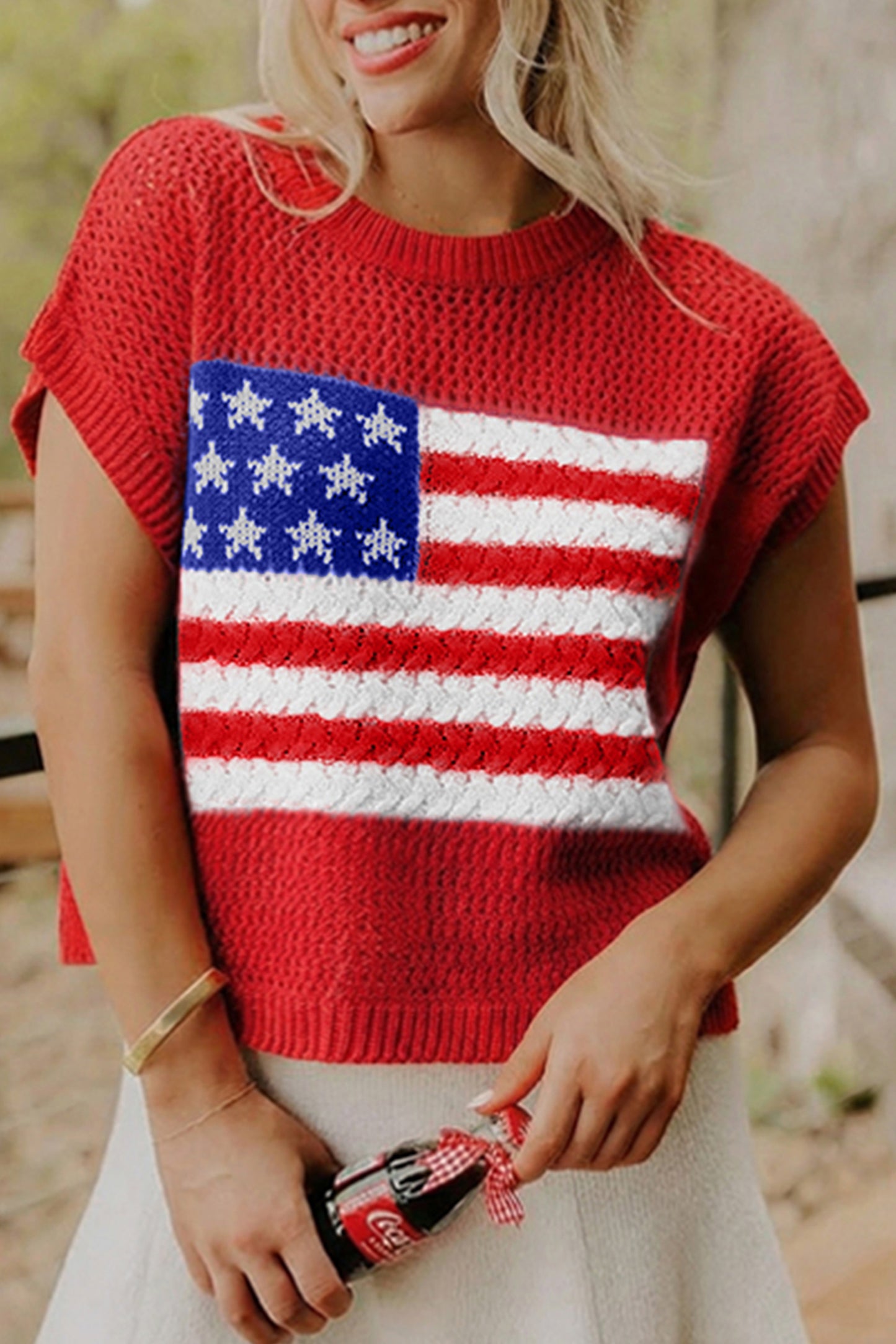 Fiery Red Flag Graphic Short Sleeve Sweater Top - Snoopy's Closet