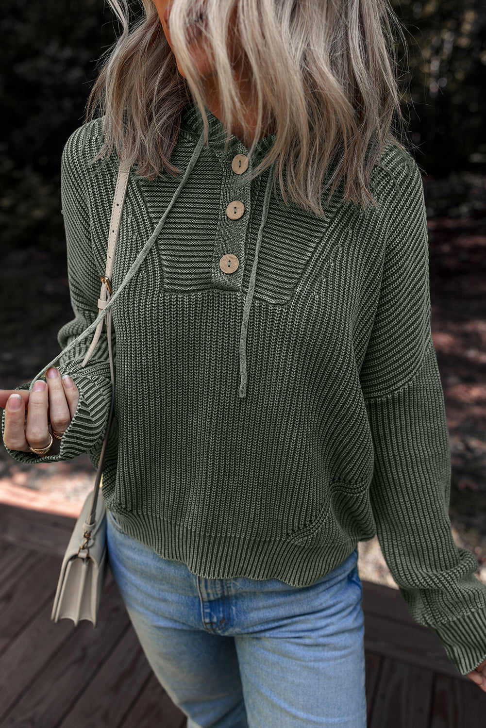 Mist Green Mineral Wash Ribbed Knit Button Drawstring Neck Hooded Sweater - Snoopy's Closet