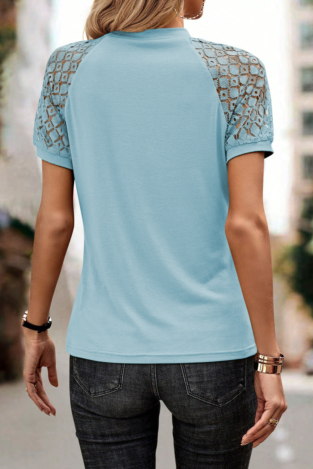 Mist Blue Seamed Detail Contrast Lace Raglan Sleeve Tee - Snoopy's Closet