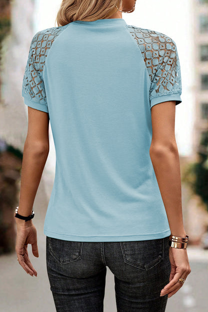 Mist Blue Seamed Detail Contrast Lace Raglan Sleeve Tee - Snoopy's Closet