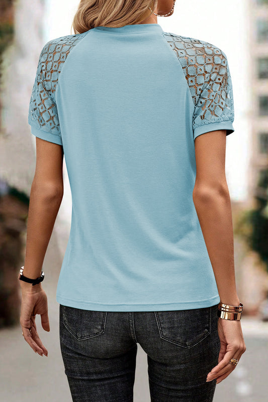 Mist Blue Seamed Detail Contrast Lace Raglan Sleeve Tee - Snoopy's Closet