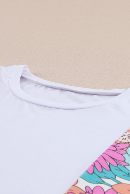 White Floral Print Patchwork Short Sleeve Top - Snoopy's Closet