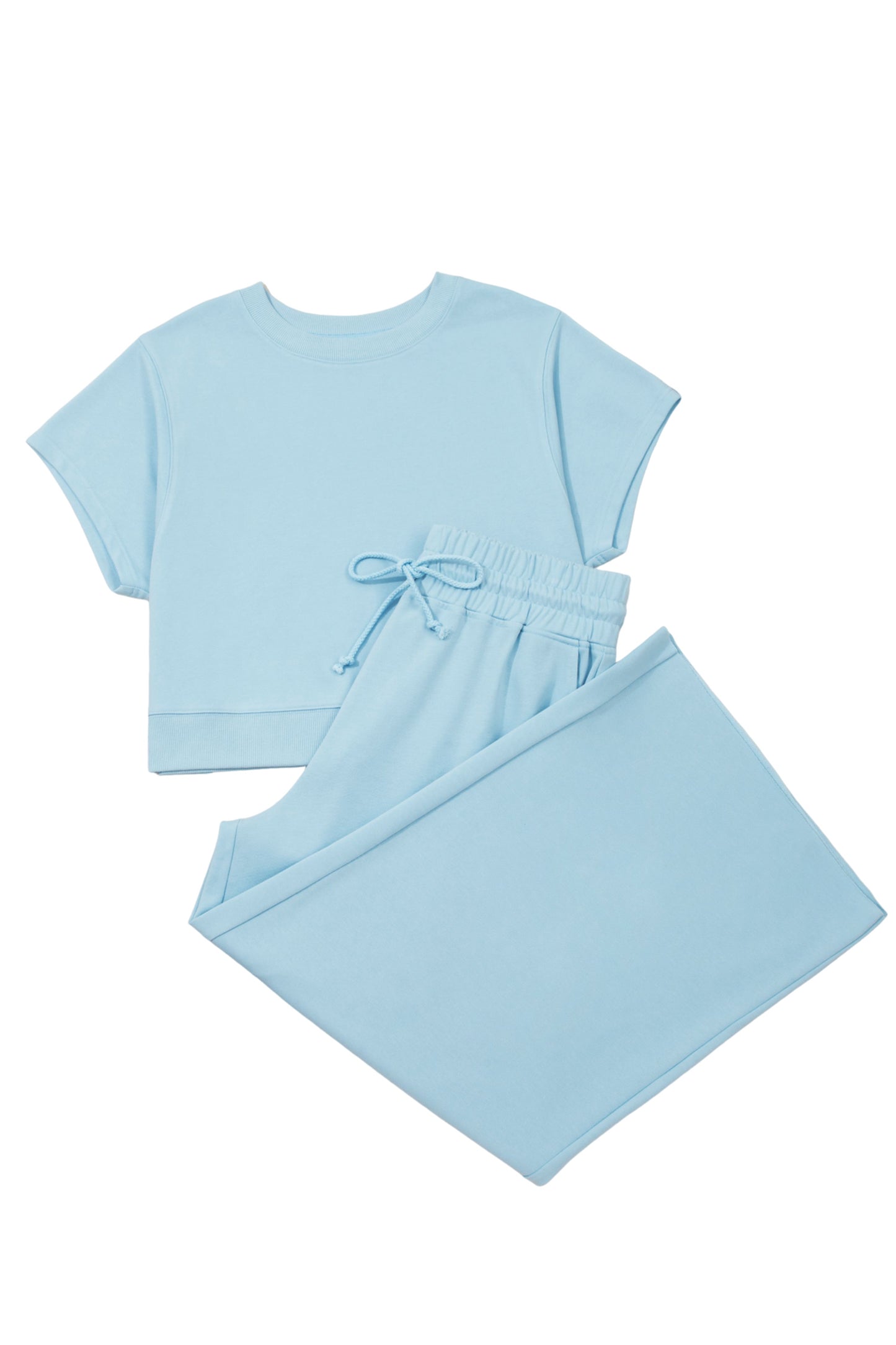 Conjunto de 2 piezas de top de manga corta con ribete acanalado color azul bruma y pantalones holgados con cordón