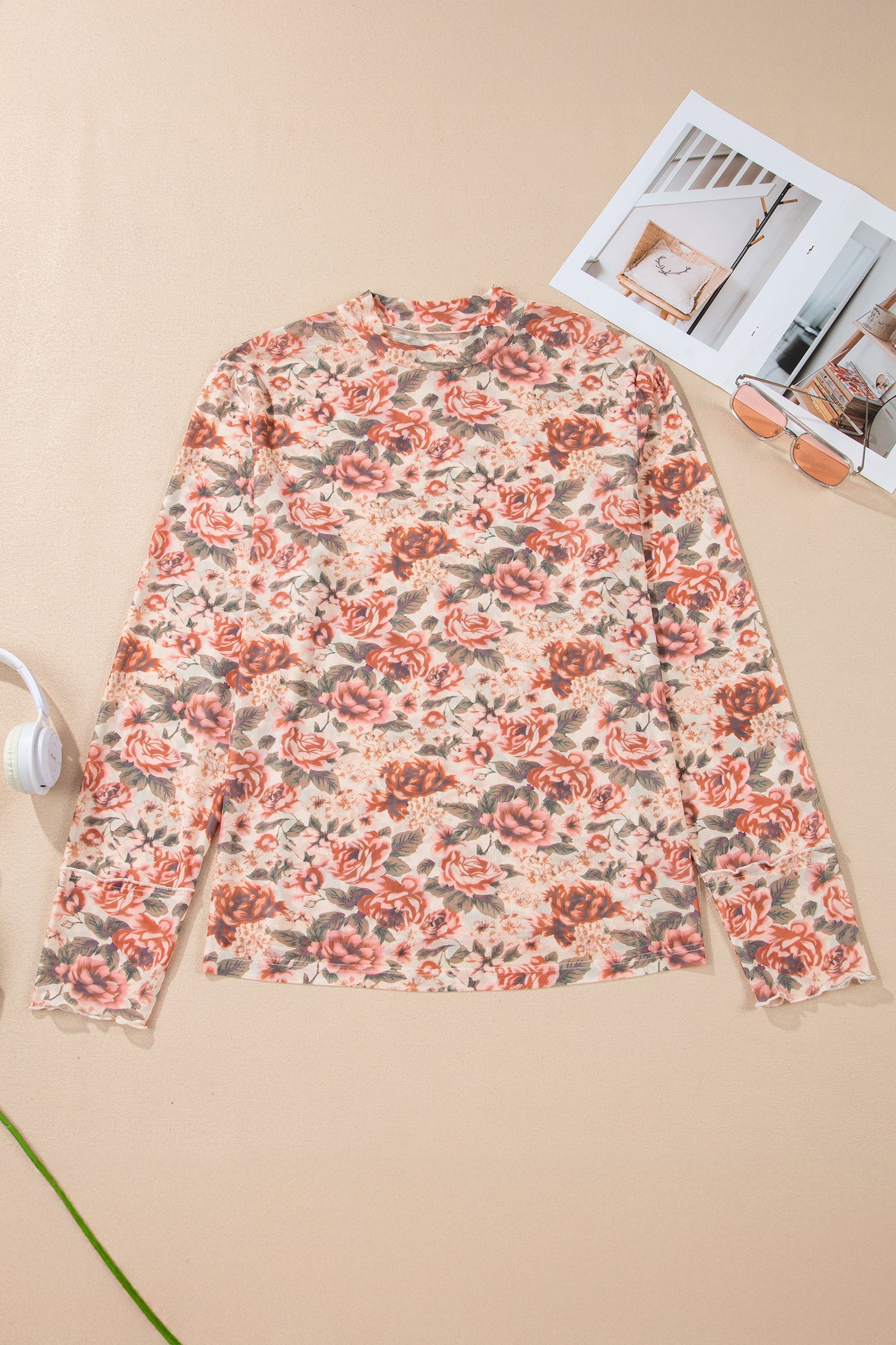 Pink Plus Size Floral Mock Neck Long Sleeve Slim Top - Snoopy's Closet