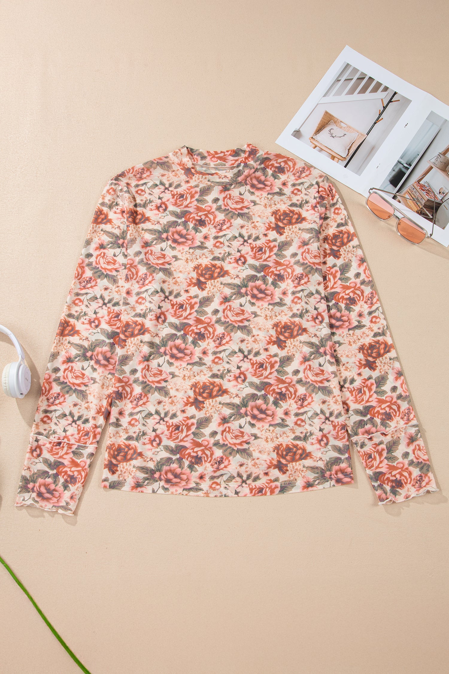 Pink Plus Size Floral Mock Neck Long Sleeve Slim Top - Snoopy's Closet