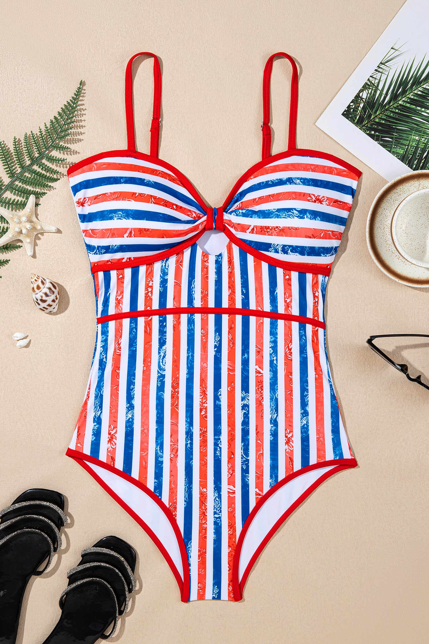 Red July 4th Stripes Star Floral Impression Cutout Spaghetti Straps One Piece Swimsuit