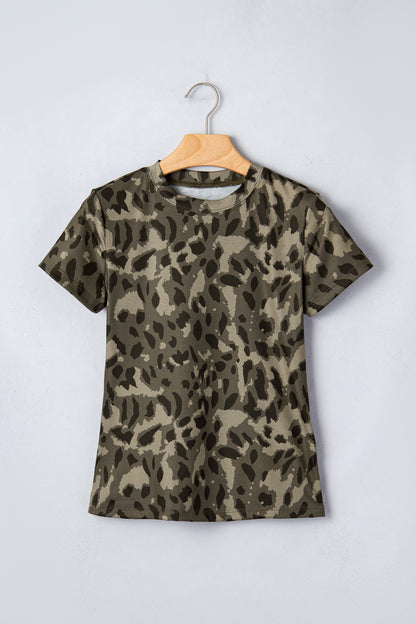 Brown Retro Leopard Print Mock Neck Slim Tee - Snoopy's Closet