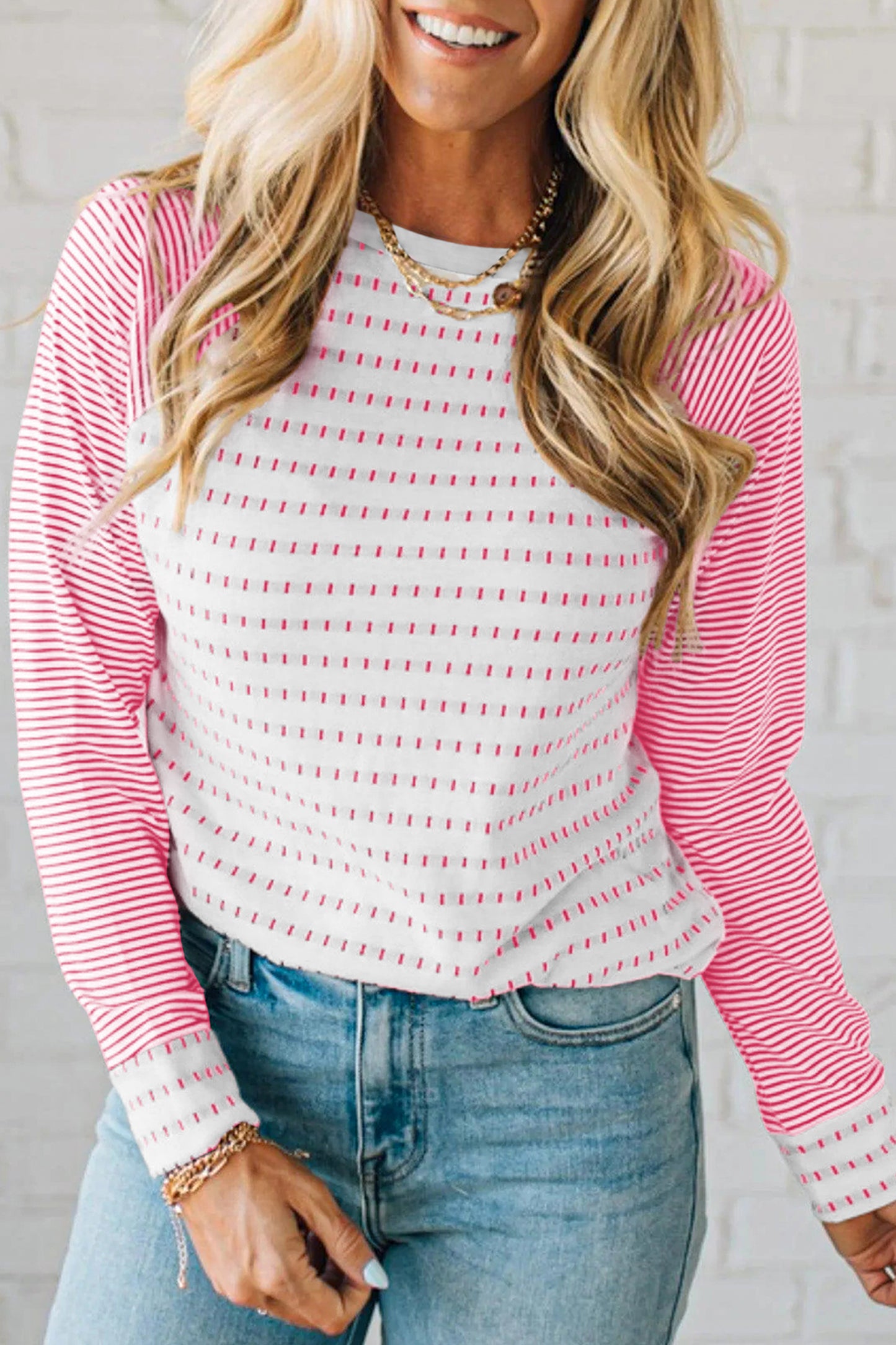 Rose Stripe Raglan Patchwork Long Sleeve Tee - Snoopy's Closet