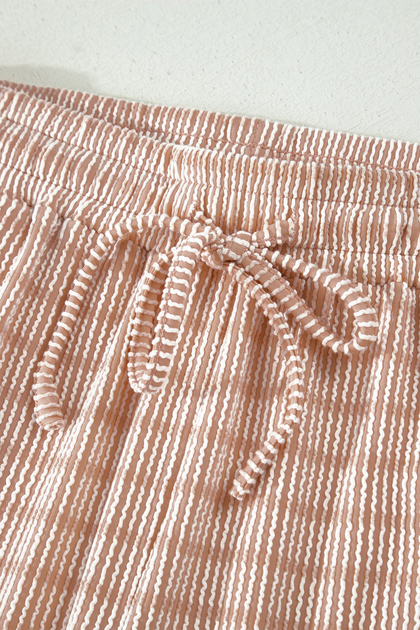 Khaki Stripe Raised Rib Loose Tee Drawstring Elastic Waist 2pcs Short Set