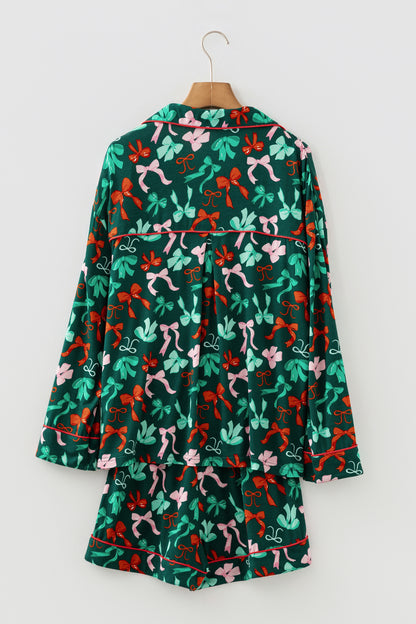 Green Festive Bow Print Long Sleeve Shirt and Pajama Short Set - Snoopy's Closet
