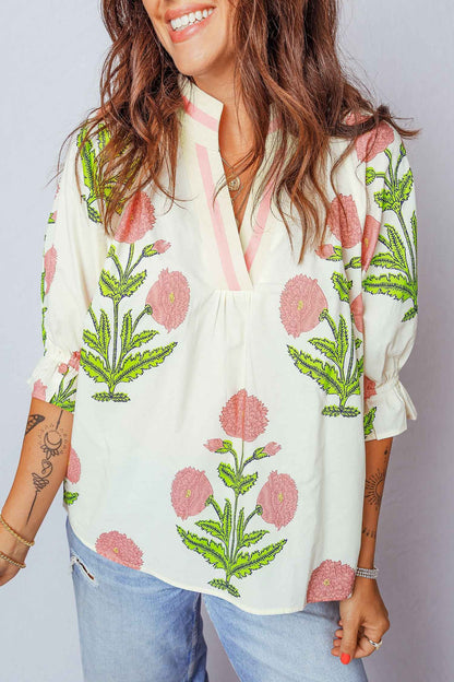 Green Casual Wild Flower Print V Neck 3/4 Sleeve Blouse
