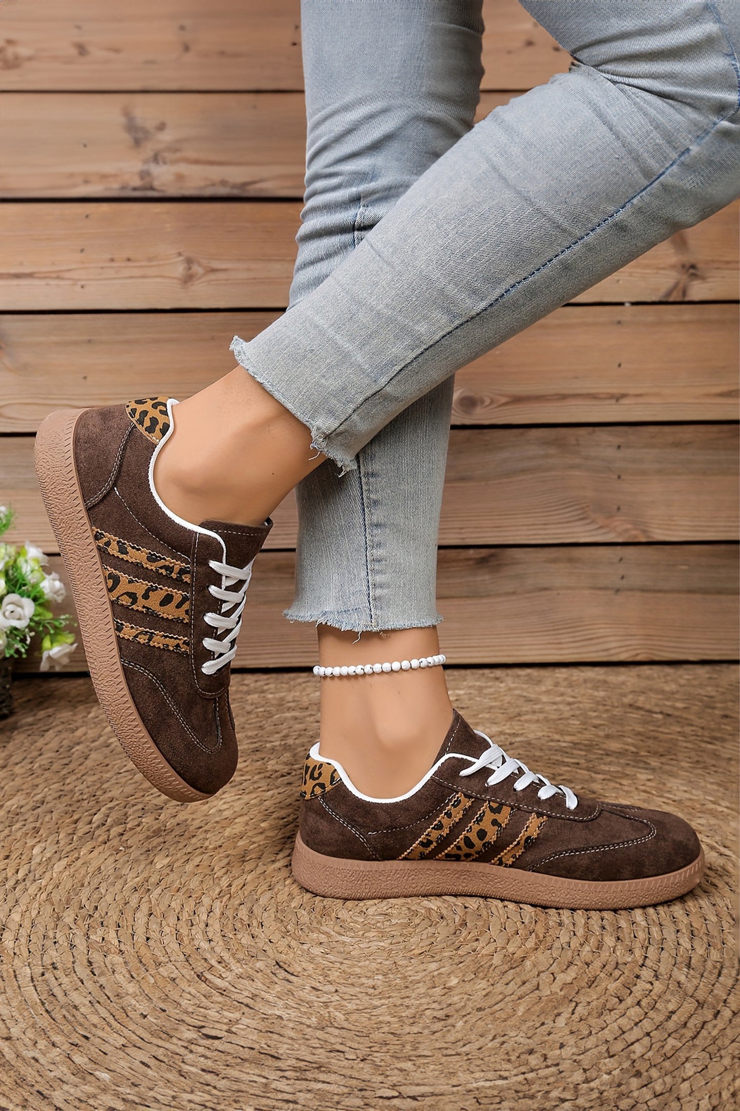 Coffee Contrast Lace-up Leopard Patchwork Detail Faux Suede Shoes - Snoopy's Closet