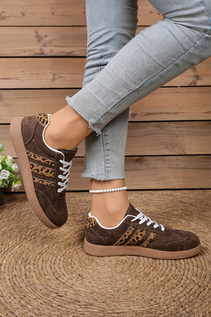 Coffee Contrast Lace-up Leopard Patchwork Detail Faux Suede Shoes - Snoopy's Closet