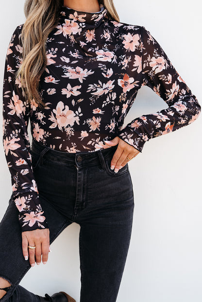 Black Floral Mesh Mock Neck Long Sleeve Slim Fit Top - Snoopy's Closet