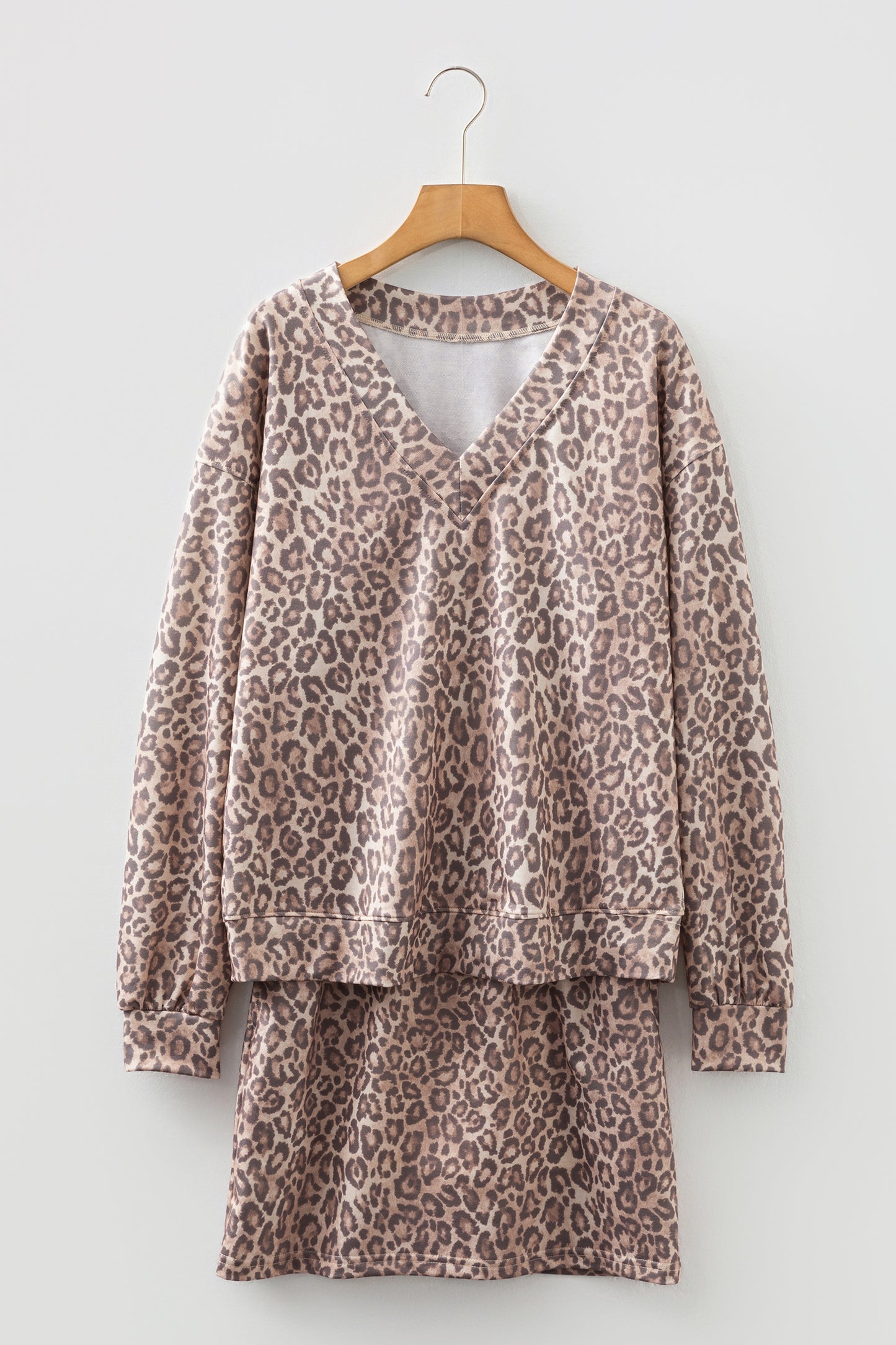 Light French Beige Leopard Print V Neck Pullover Mini Skirt 2pcs Set - Snoopy's Closet