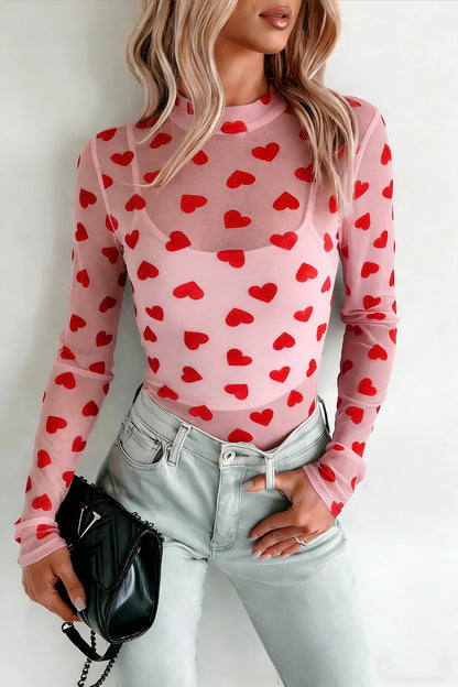 Pink Valentines Heart Printed Sheer Mesh Long Sleeve Top - Snoopy's Closet