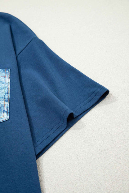 White Color Block Chest Pocket Patched Casual Short Sleeve Top