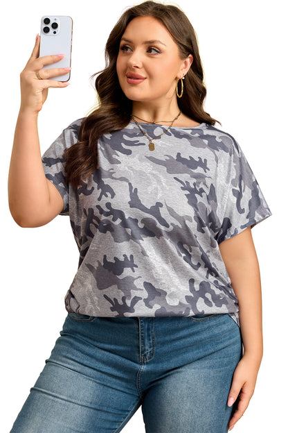 Gray Plus Size Camo Print Casual T Shirt - Snoopy's Closet