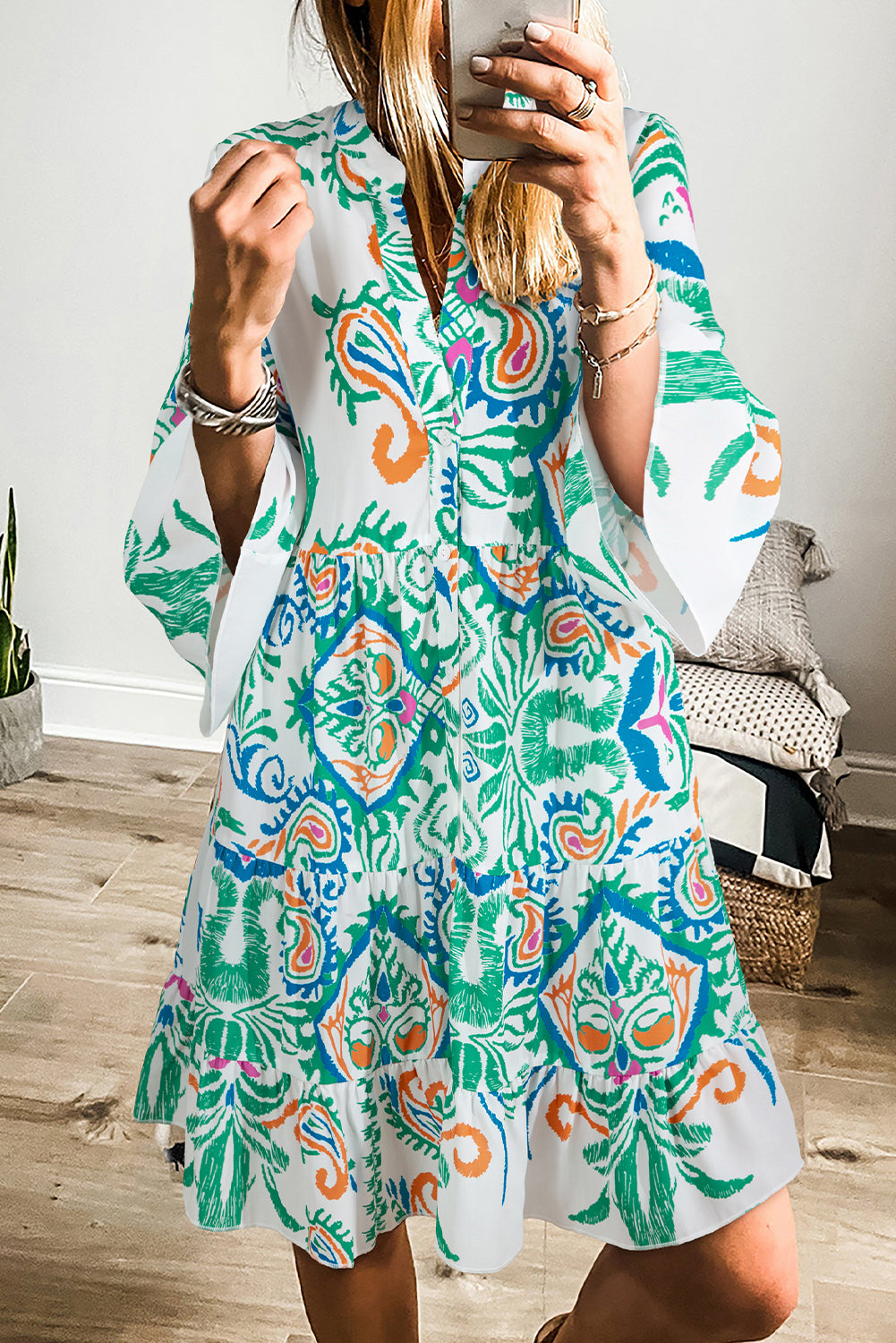 White Printed Tribal Bracelet Sleeve Buttoned Mini Dress - Snoopy's Closet