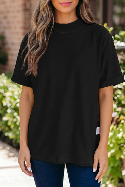 Camiseta oversize de cuello alto en negro liso