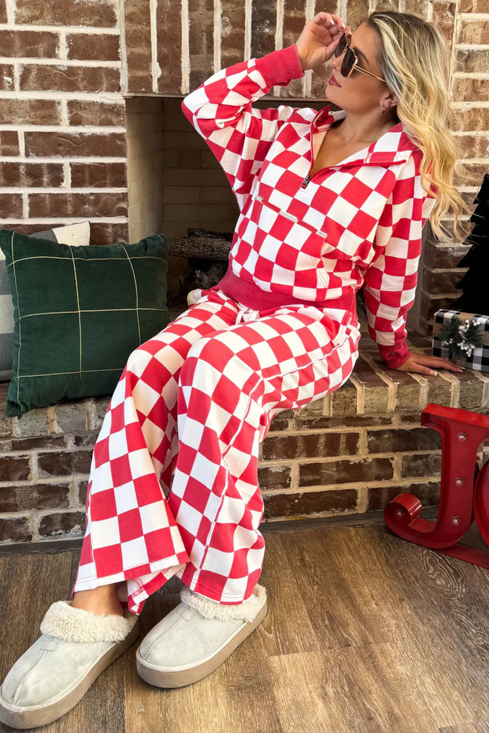 Red Checkered Print Half Zip Hoodie Loose Pant Set - Snoopy's Closet