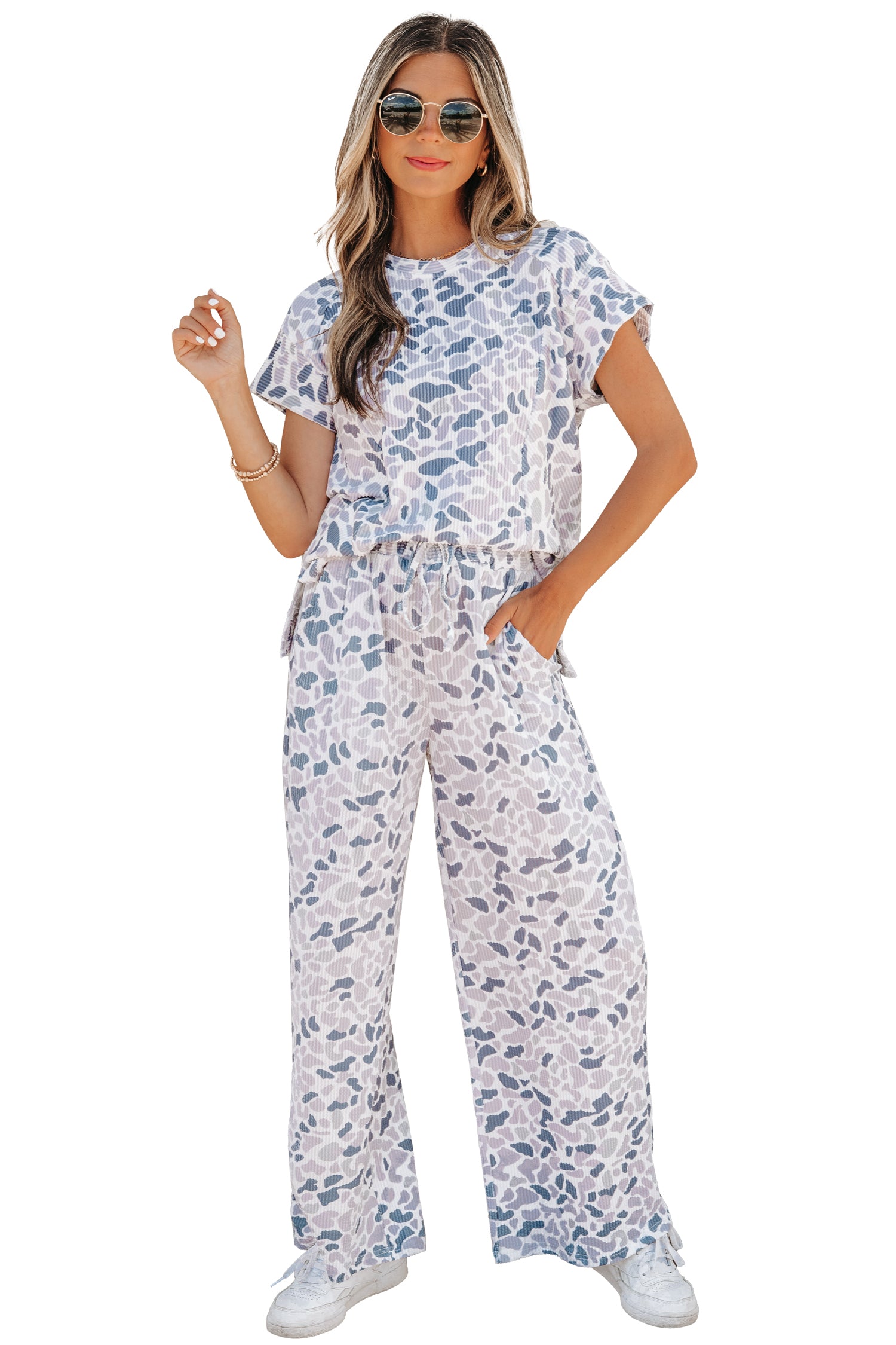 Beige Camouflage Print Twisted Rib Loose Tee Drawstring Pants Set - Snoopy's Closet