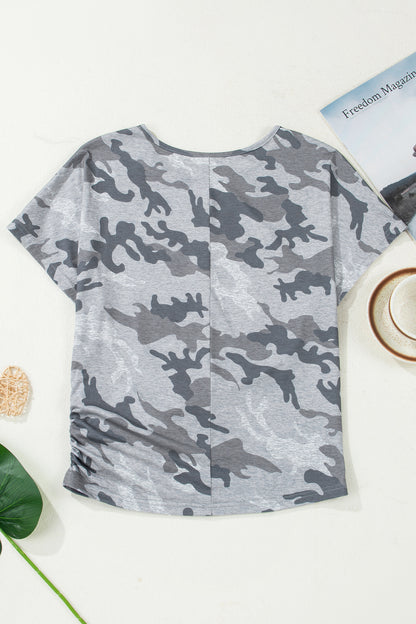 Gray Camouflage Print Round Neck T Shirt - Snoopy's Closet
