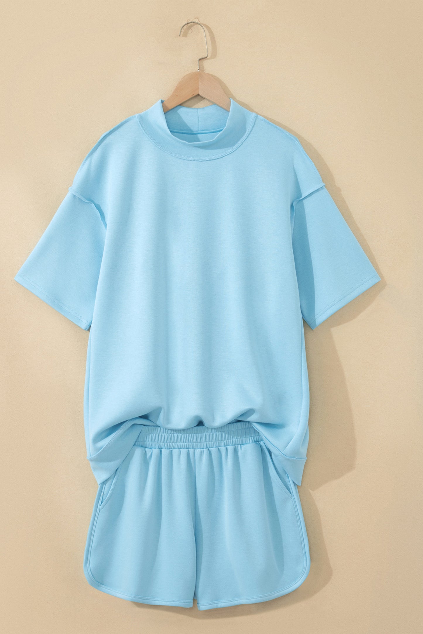 Moonlight Jade Solid Color Exposed Seam Mock Neck Oversize Tee Casual Shorts 2pcs Outfit - Snoopy's Closet