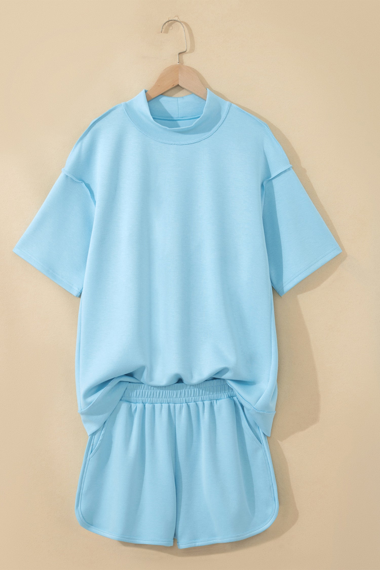 Moonlight Jade Solid Color Exposed Seam Mock Neck Oversize Tee Casual Shorts 2pcs Outfit - Snoopy's Closet