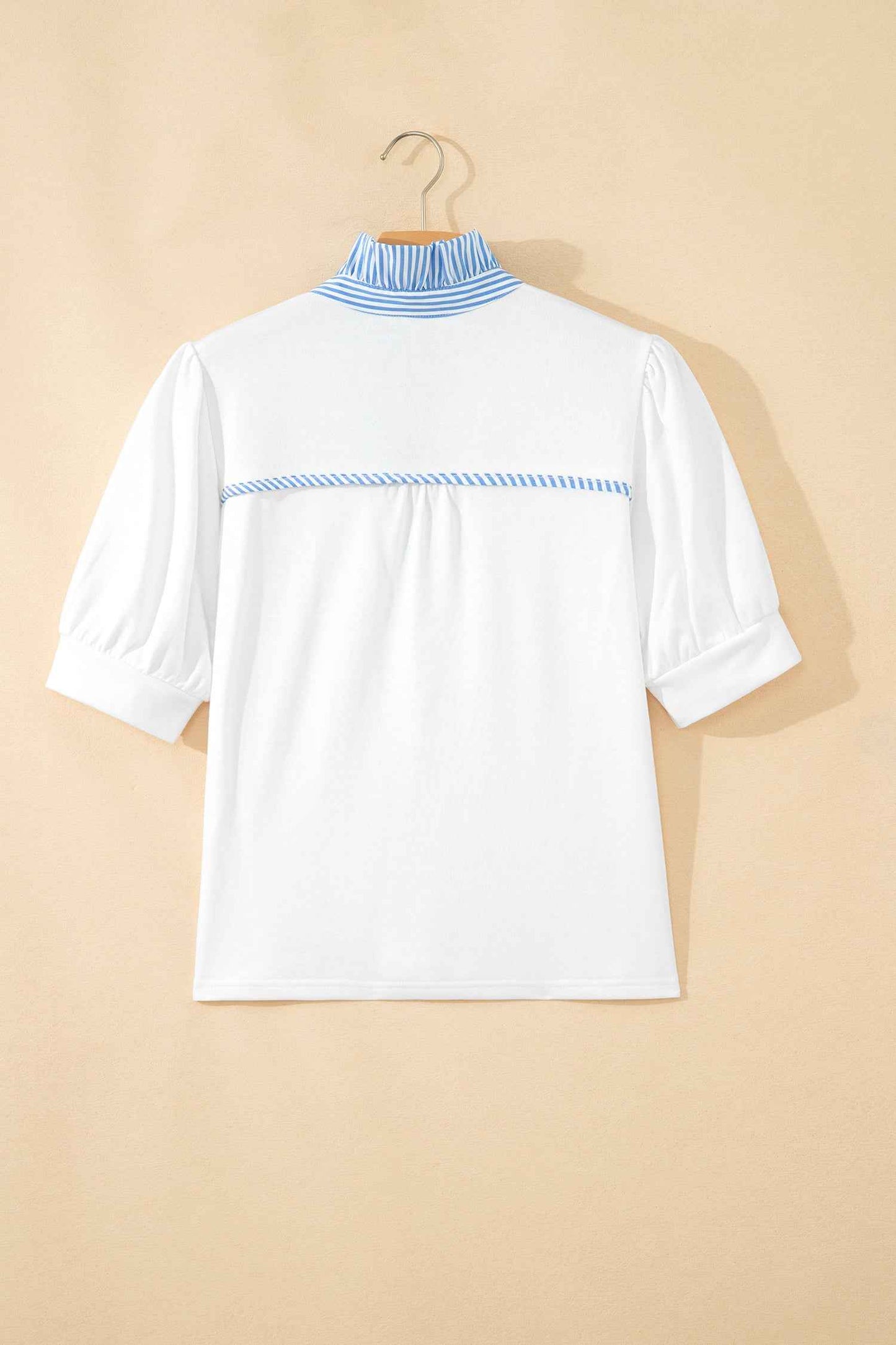 Sky Blue Striped Frilled Collar Short Sleeve Blouse