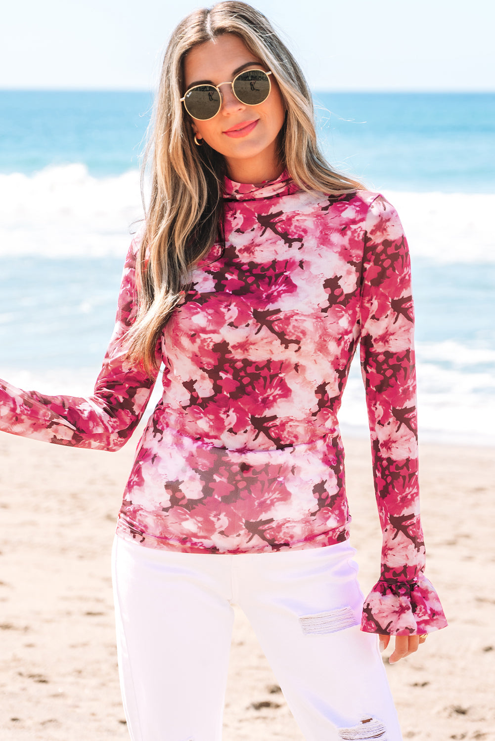 Rose Floral Mesh Flounce Sleeve Mock Neck Blouse - Snoopy's Closet