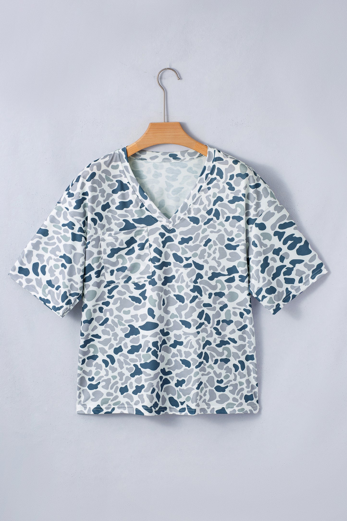Gray Camouflage Print Single Chest Pocket V Neck Tee - Snoopy's Closet