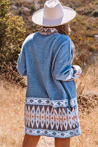 Cárdigan de punto abierto con estampado azteca azul