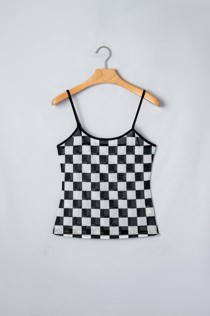 Camiseta sin mangas ajustada con tirantes finos y estampado a cuadros transparente en negro
