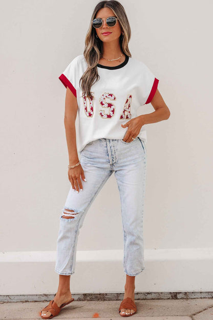 White USA Sequin Color Block Trim Loose T Shirt