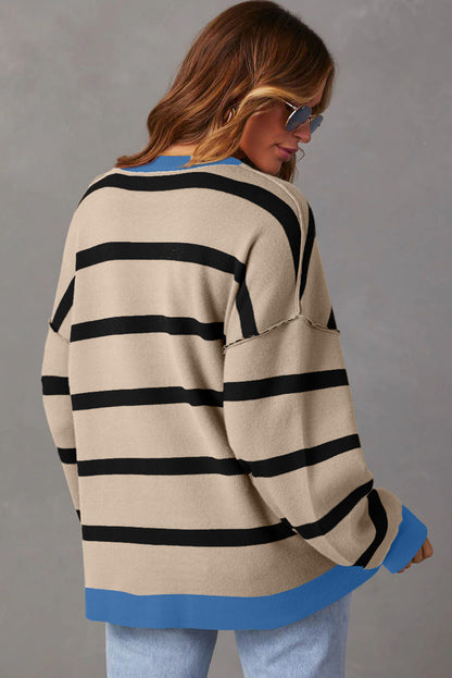 White Colorblock Drop Shoulder Buttoned Loose Cardigan - Snoopy's Closet