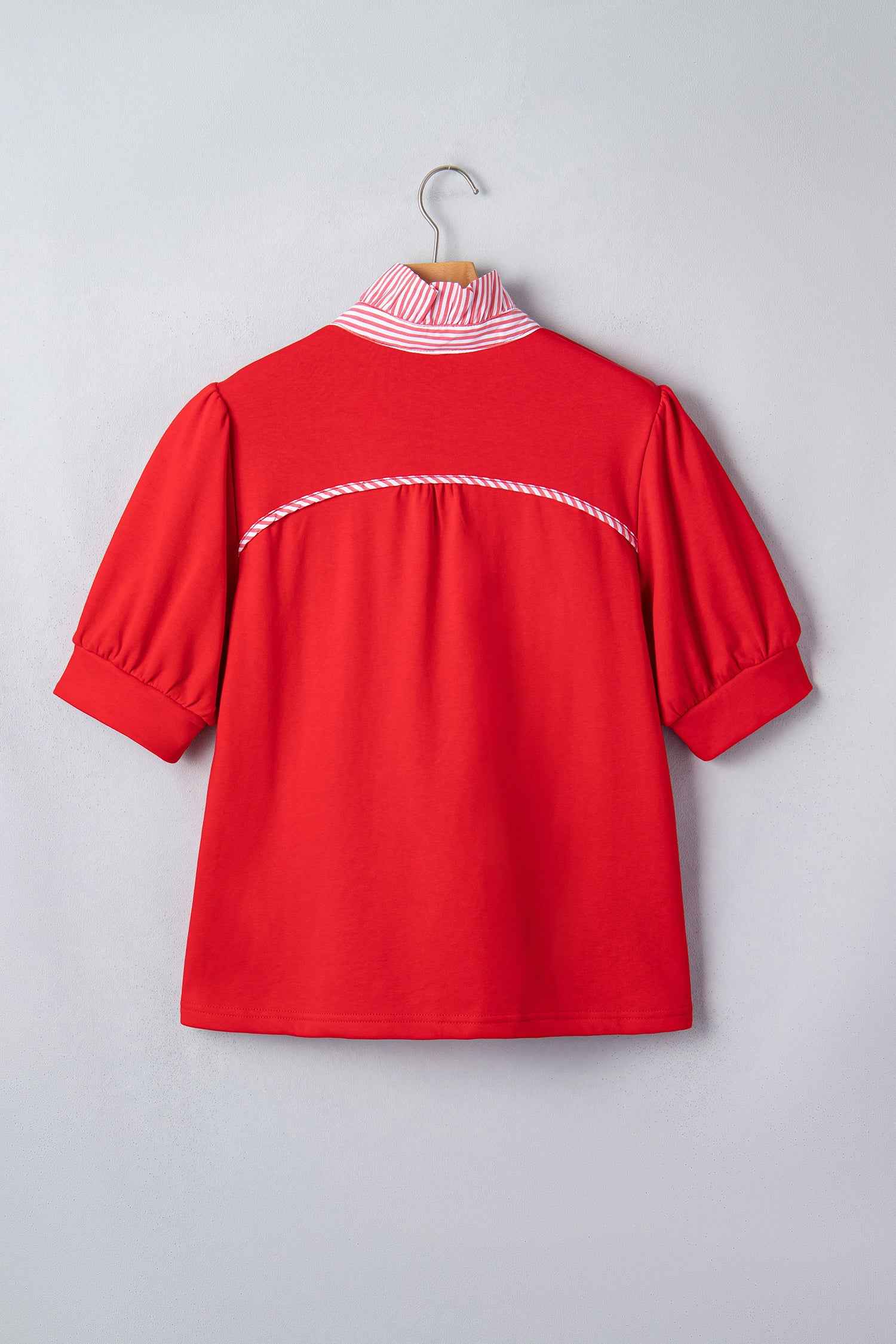 Sky Blue Striped Frilled Collar Short Sleeve Blouse