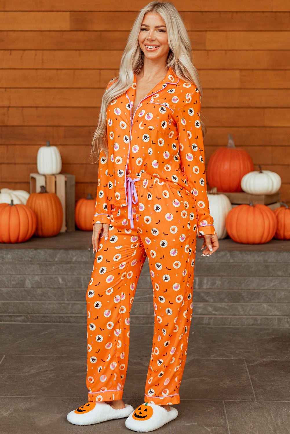Orange Halloween Print Lapel Shirt Long 2pcs Pajama Set - Snoopy's Closet