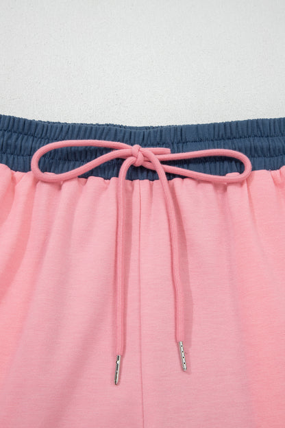 Pink Color Block Patchwork Varsity Striped Detail Drawstring Elastic Waist Shorts - Snoopy's Closet