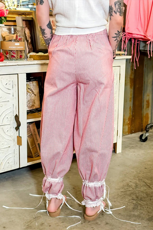Pantalones Anchos con Cordón de Encaje en Contraste y Rayas Rojas
