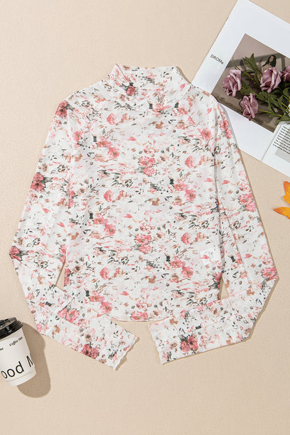 Pink Floral Long Sleeve High Neck Sheath Mesh Top - Snoopy's Closet