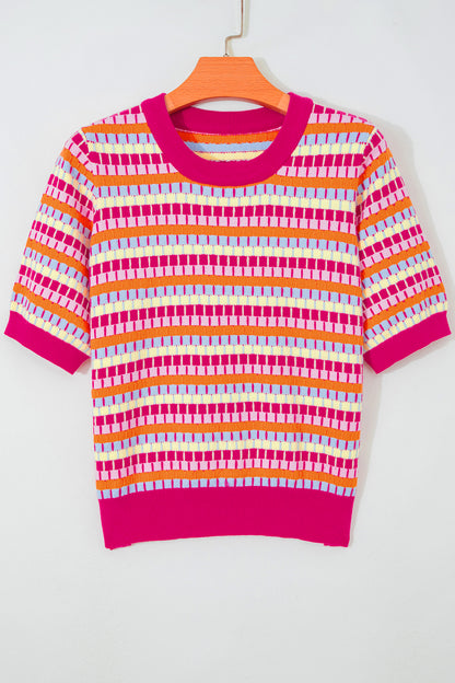 Orange Abstract Striped Knit Short Sleeve Sweater - Snoopy's Closet