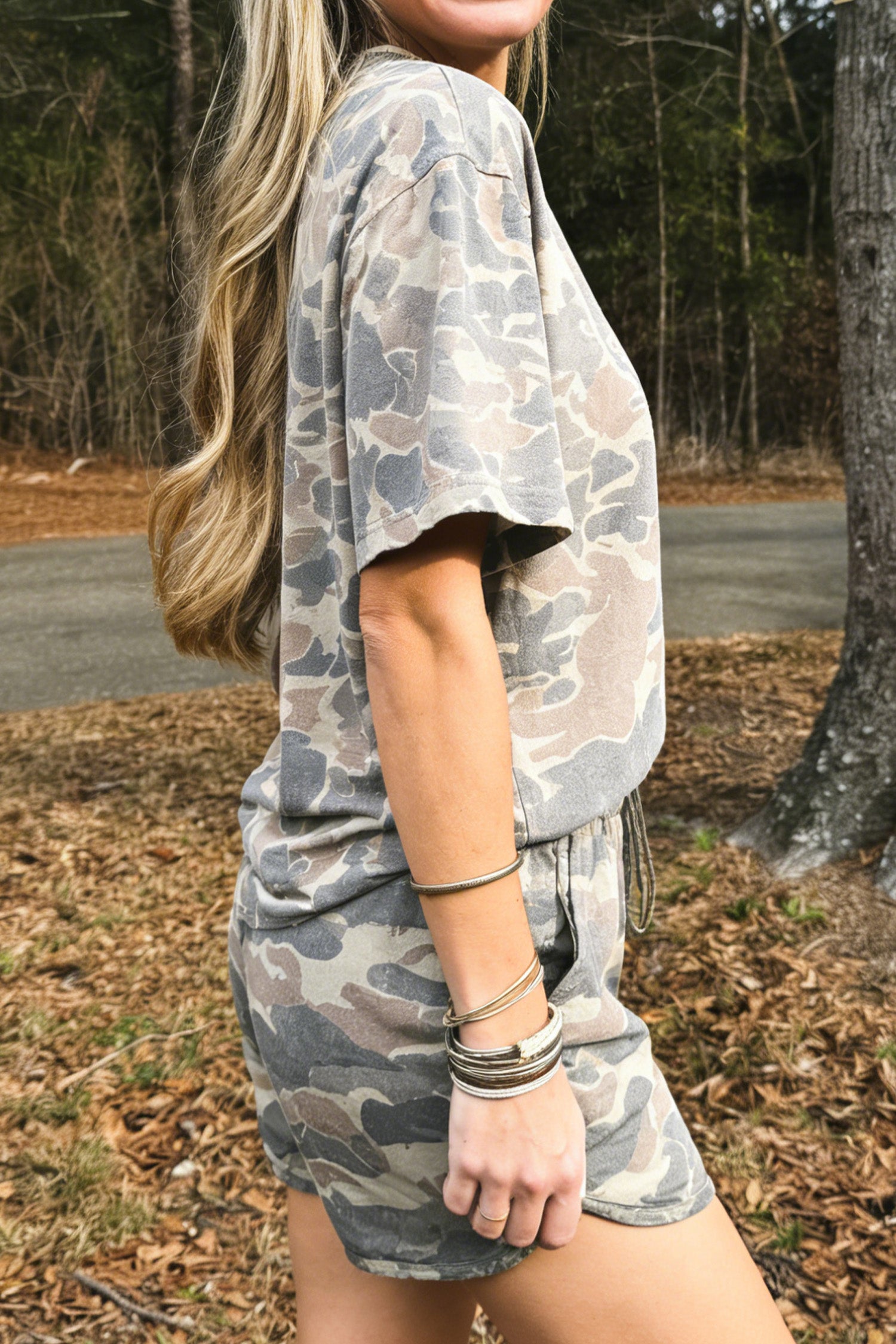 Multicolour Camouflage Loose Tee Drawstring Shorts 2pcs Outfit