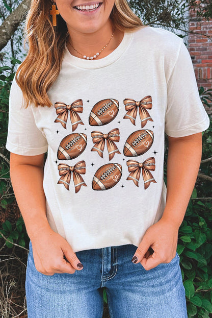 Camiseta de mezcla de algodón blanca con estampado de lazo y motivo de fútbol americano