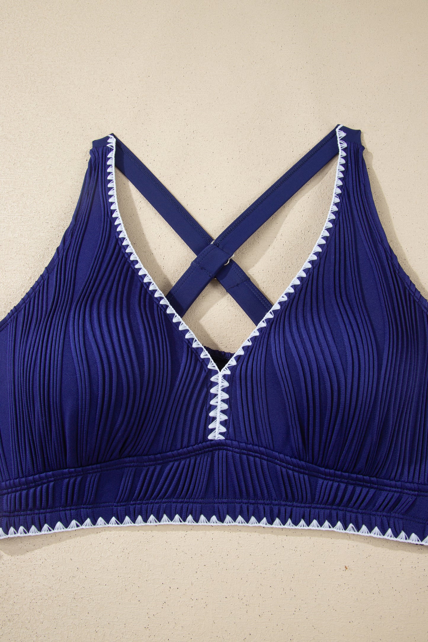 Dark Blue Shell Stitched Trim V Neck Textured Mix and Match High Waist Bikinis - Snoopy's Closet