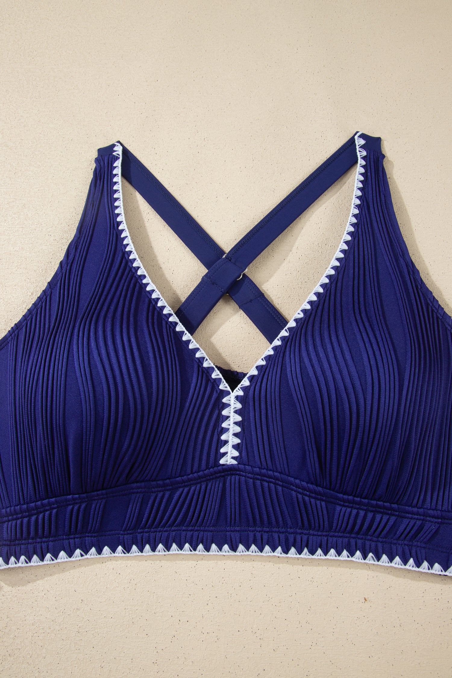 Dark Blue Shell Stitched Trim V Neck Textured Mix and Match High Waist Bikinis - Snoopy's Closet