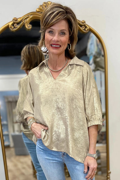 Beige Collared V Neck Half Sleeve Metallic Top
