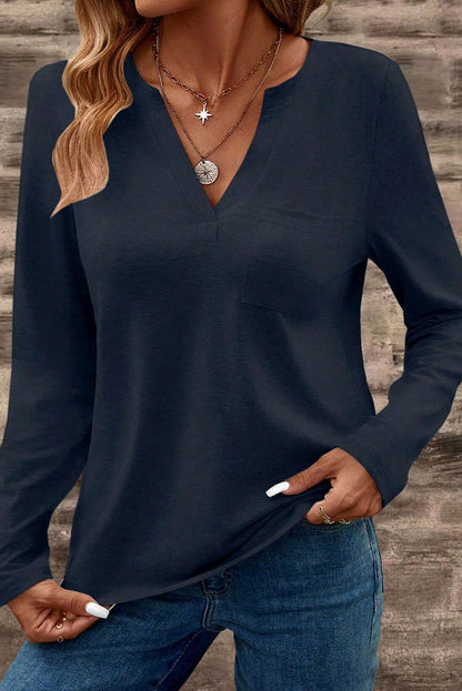 Dirty blue Notch V Neck Pocket Patched Long Sleeve T Shirt - Snoopy's Closet