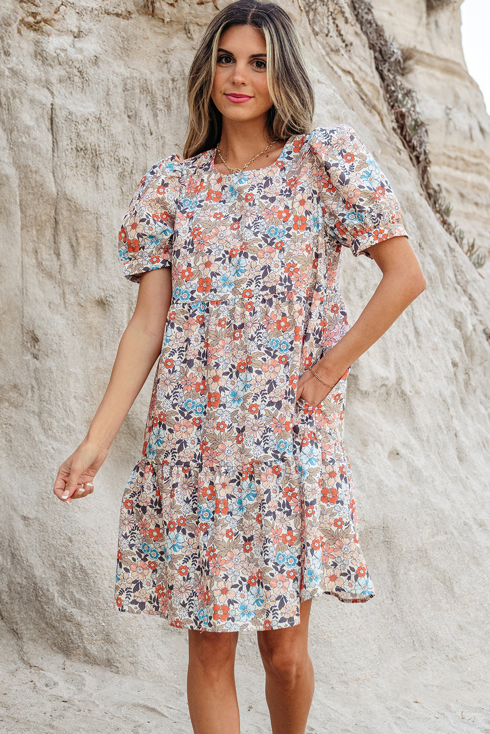 Apricot Bohemian Floral Print Short Puff Sleeve Mini Dress - Snoopy's Closet