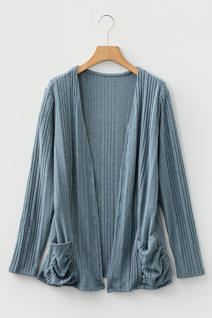 Stone Blue Ribbed Open Front Knitted Top with Pockets - Snoopy's Closet
